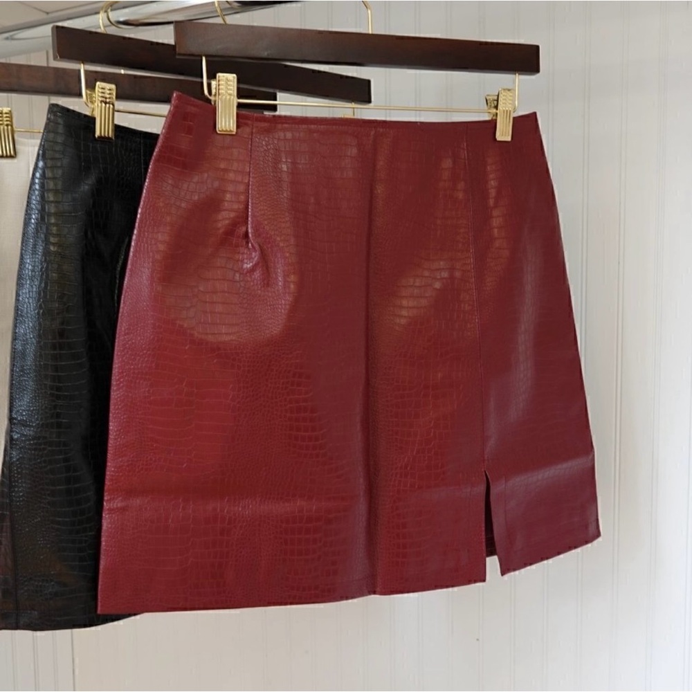 Smoke Faux Leather Croc Print High Waisted Mini Skirt with Side Slit